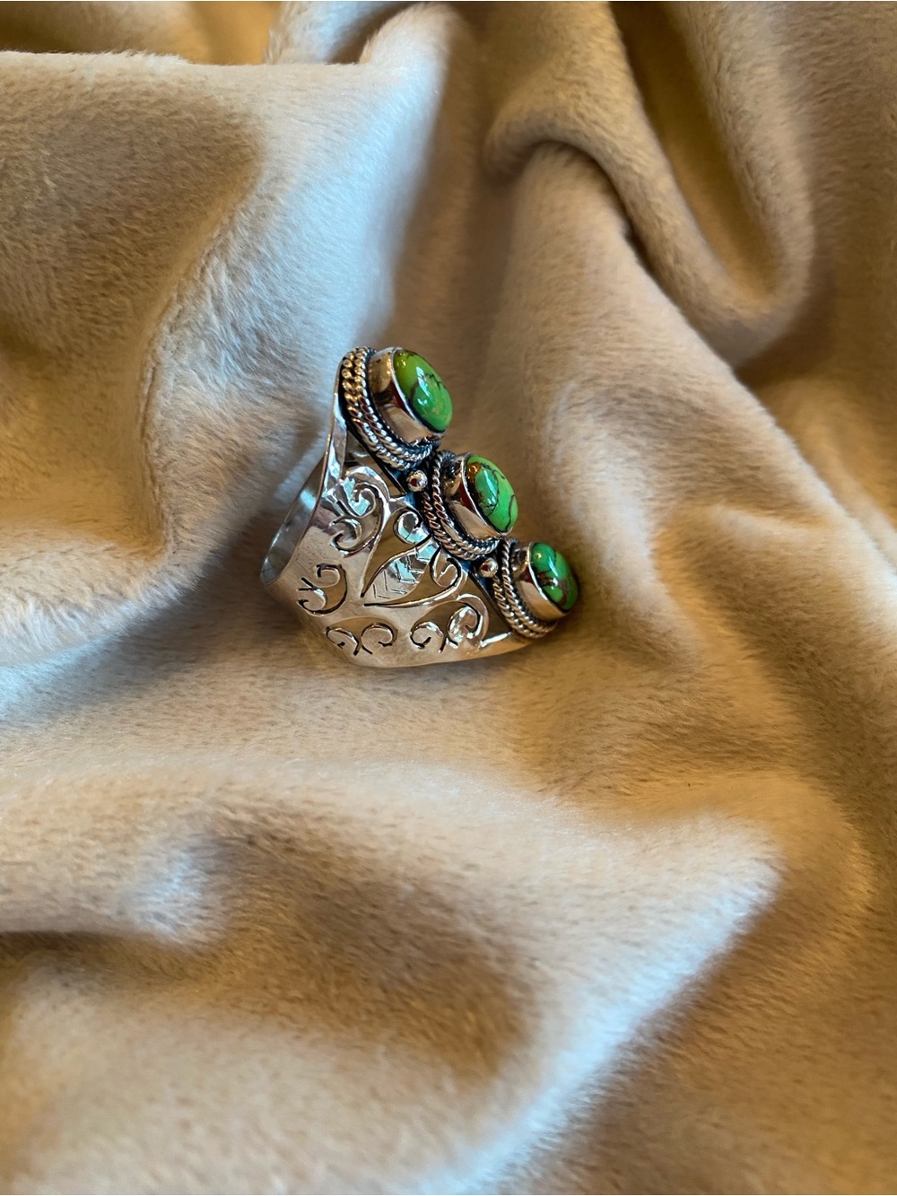 Sterling Silver Triple Green Turquoise Statement Ring - Picture 2 of 7